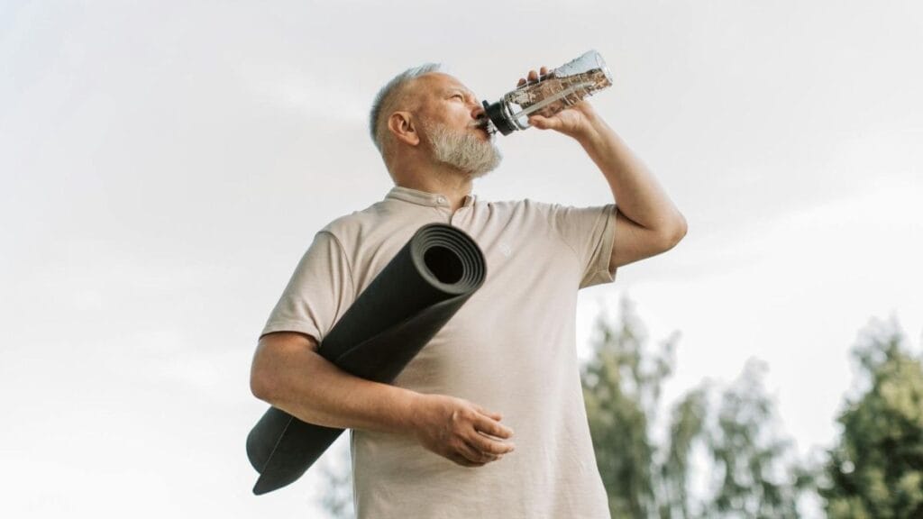 man drinking water after his morning yoga