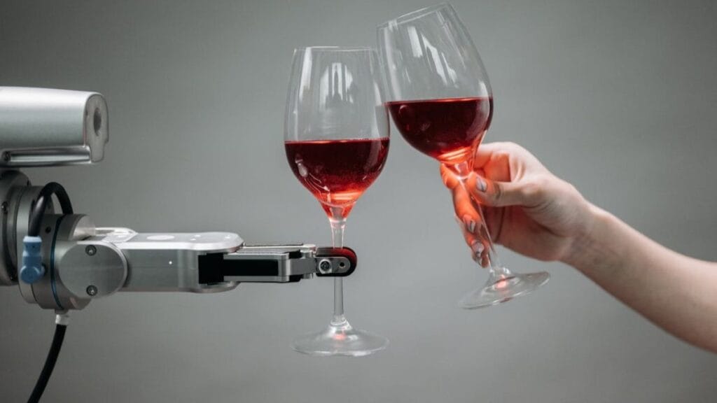robot and human hands holding wine glasses.