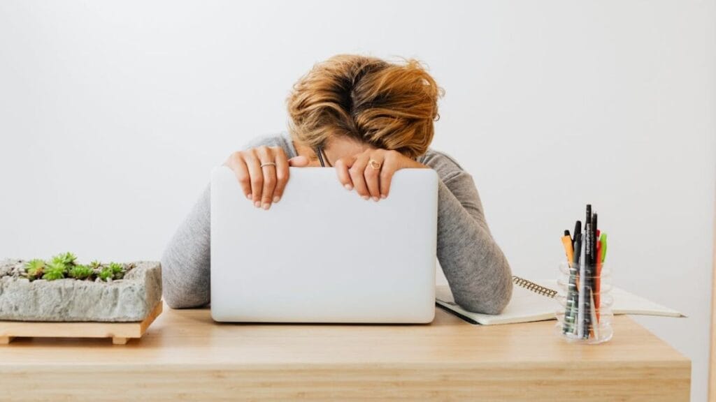 woman under stress holding her laptop in front of her face.
