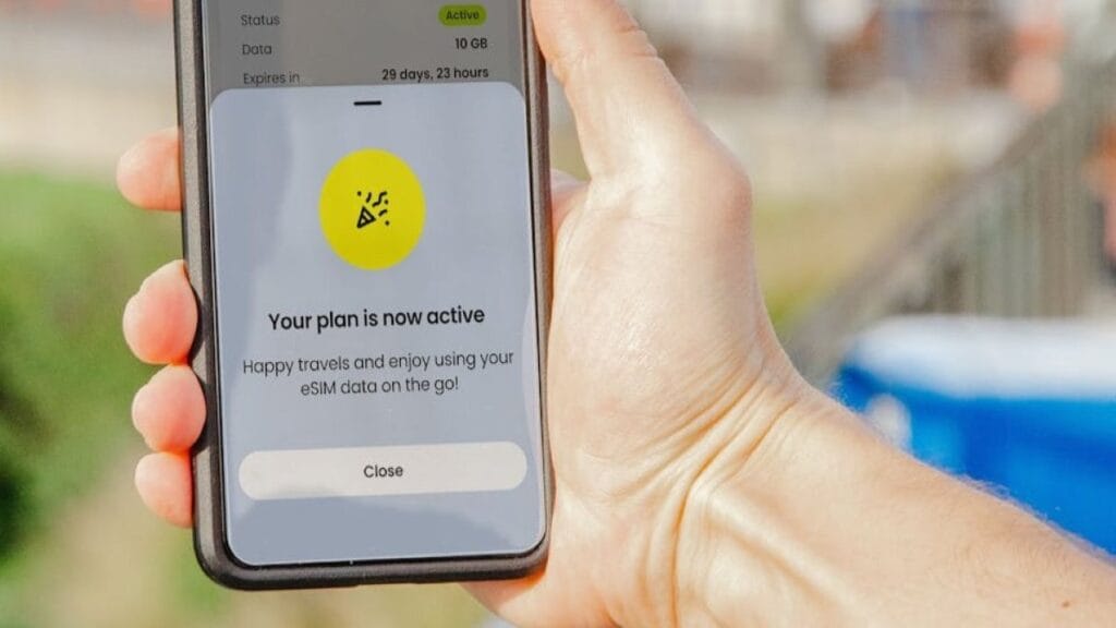 eSIM activation message on a phone screen.