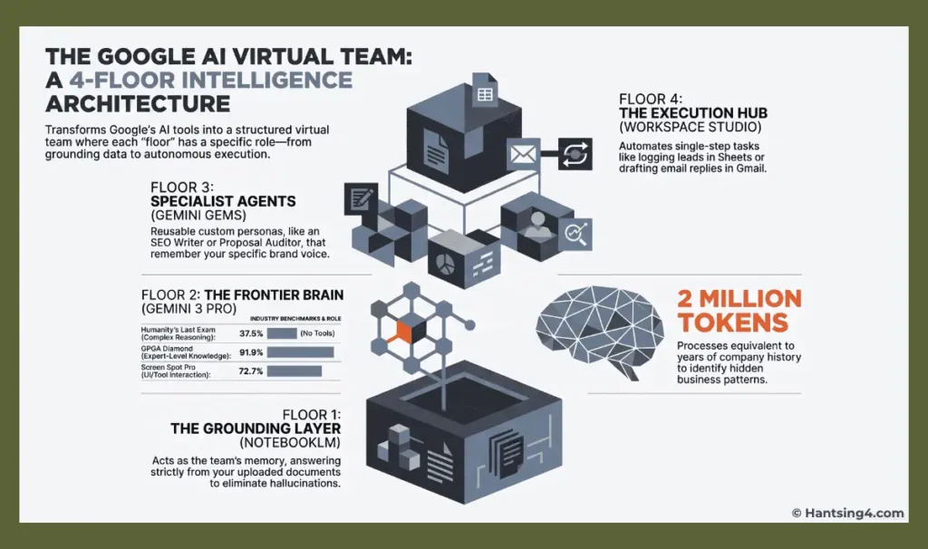 Diagram of the Google Gemini AI ecosystem showing the four floors of grounding, reasoning, specialist agents, and execution, useful for understanding Google AI workflows and productivity systems.