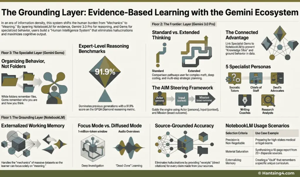 Diagram of the Google Gemini AI ecosystem showing the 4-Layer framework of studying with AI, useful for students and learnres.