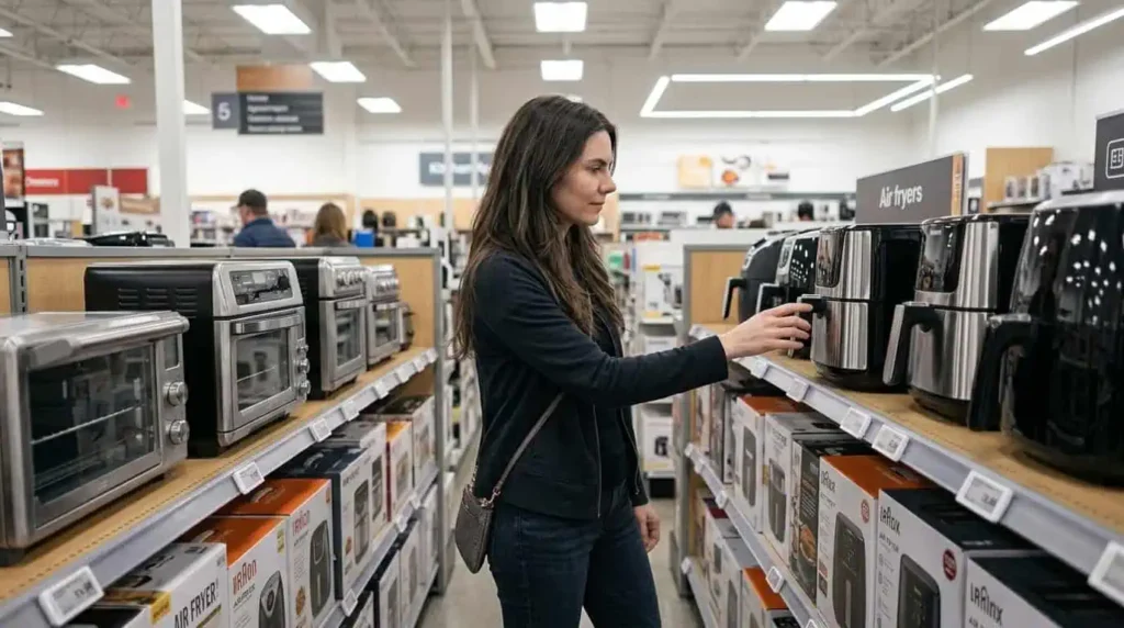a woman shopping for air fryer in a store wondering what size air fryer do I need.