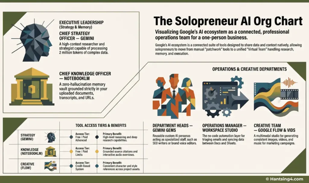 Diagram showing the Solopreneur AI Org Chart that explains how the Google Gemini ecosystem works as a virtual operations team, including NotebookLM for memory, Gemini for strategy, Gems for specialized roles, Workspace Studio for automation, and Flow for creative production.