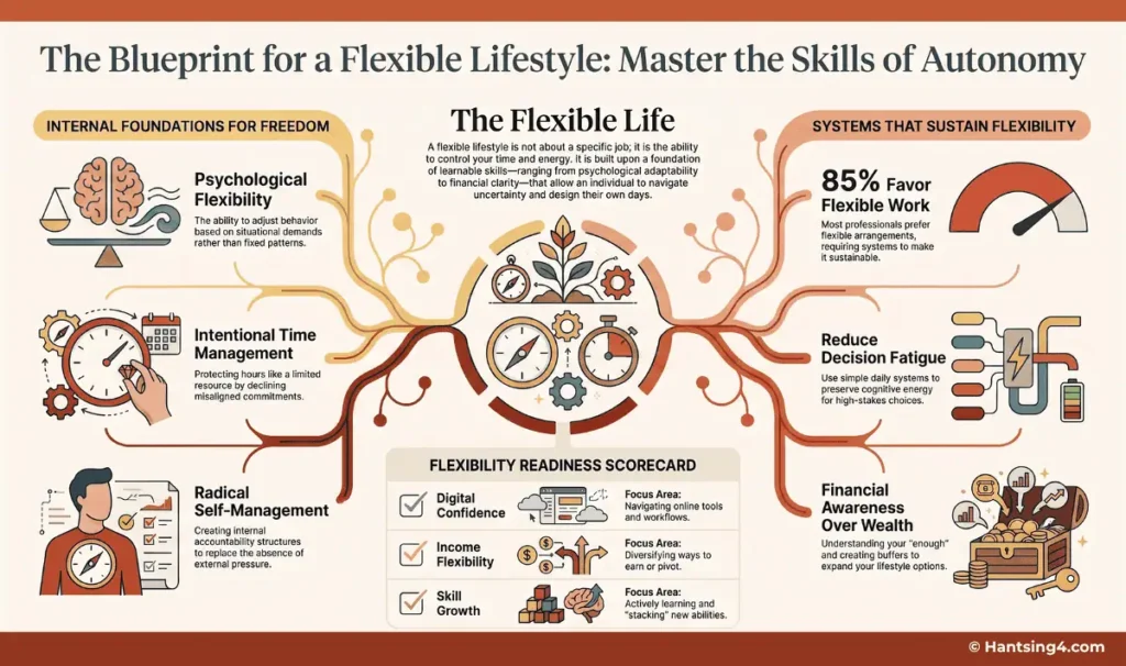 Blueprint for a flexible lifestyle showing all the skills required to create the desired freedom and autonomy.