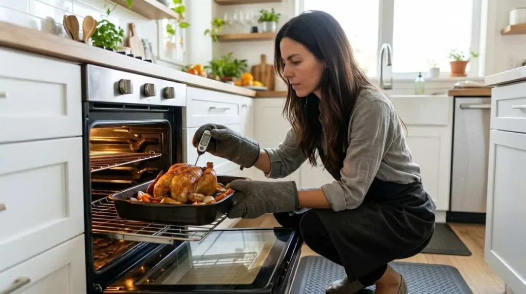 woman baking a chicken in her kitchen while using kitchen safety products like kitchen thermometer, kitchen mitts, and anti-fatigue mats.
