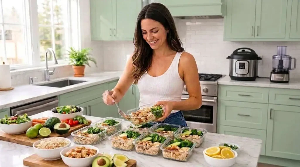 woman using a weeknight meal prep kit that includes a multi-cooker, food processor, food storage containers in her kitchen.