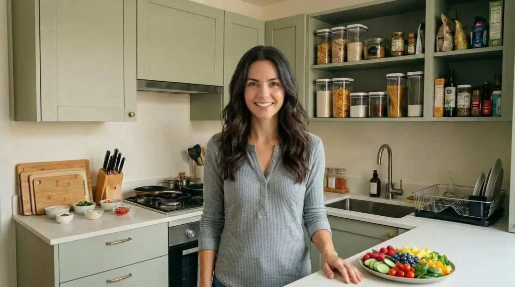 woman working in a kitchen with 4 clear zones, Prep, Cook, Clean, and Store, for a smarter kitchen workflow.