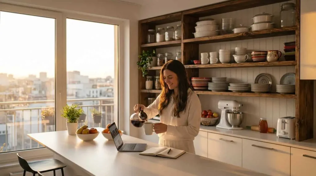young woman having morning coffee and journaling in a kitchen that utilizes vertical storage showing how to organize a small kitchen like a chef