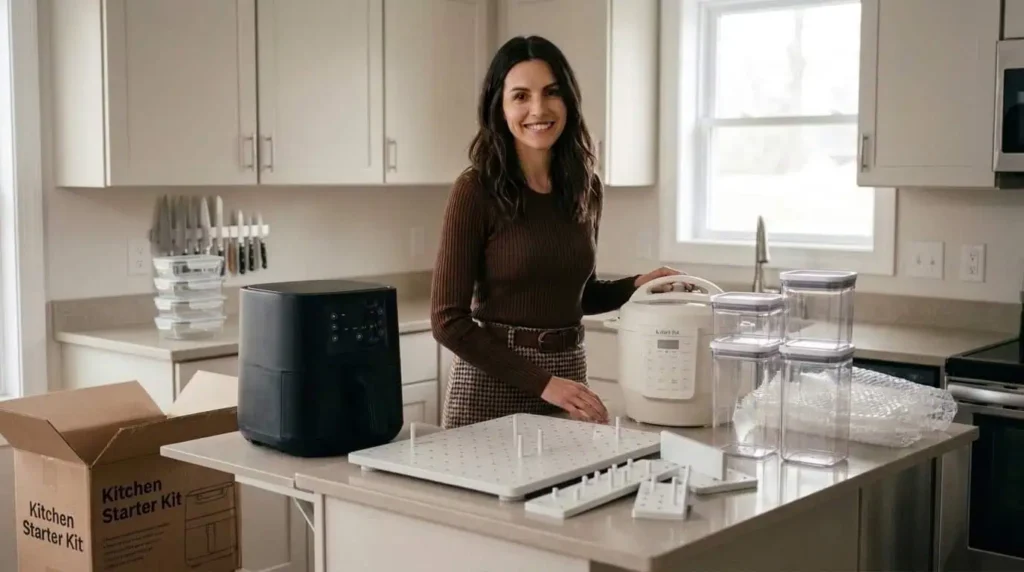a woman setting up her new kitchen with small kitchen starter kit