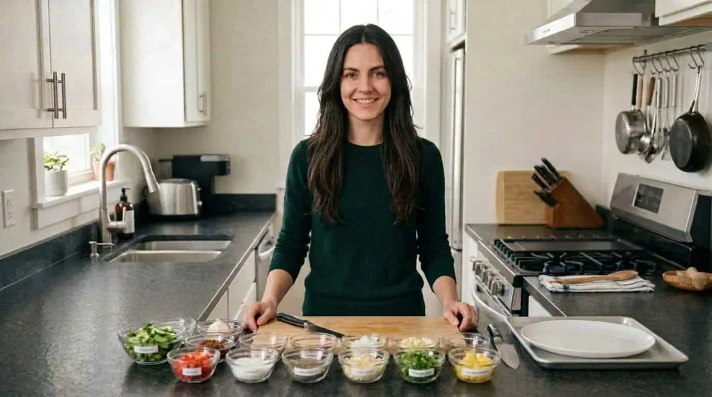 A young woman prepping meal in a small kitchen which shows well thought out implementation of kitchen design and well-being.