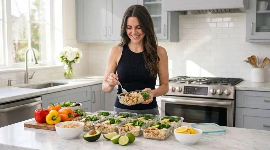 25+ Best Meal Prep Products & Essentials 9 A young woman portioning her meals prepared using the most important and essential meal prep products.