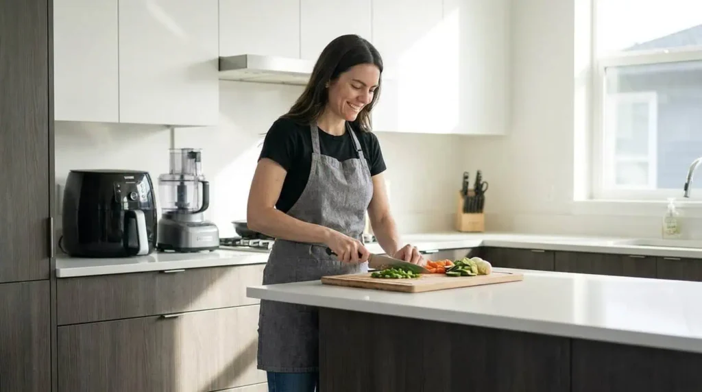 young professional woman doing meal prep in a small, uncluttered kitchen using only minimalist kitchen essentials.